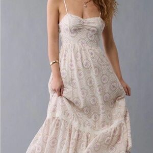 American Eagle Outfitters Cream Maxi Dress with Pink Floral Print